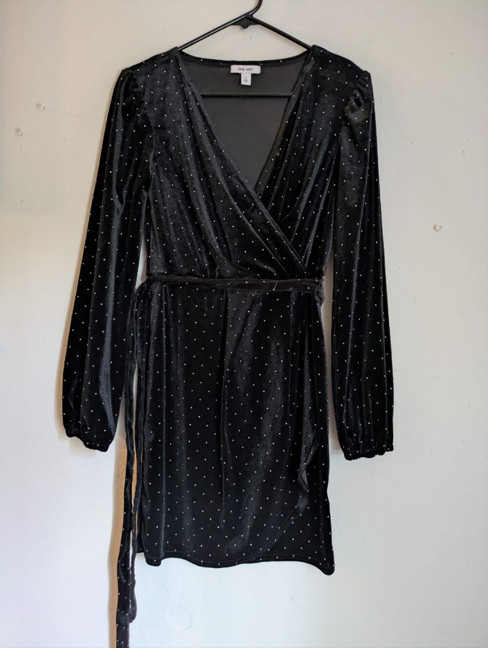 Nine West Black Velvet Polka Dot Faux Wrap Mini Dress - Size S - Picture 4 of 6